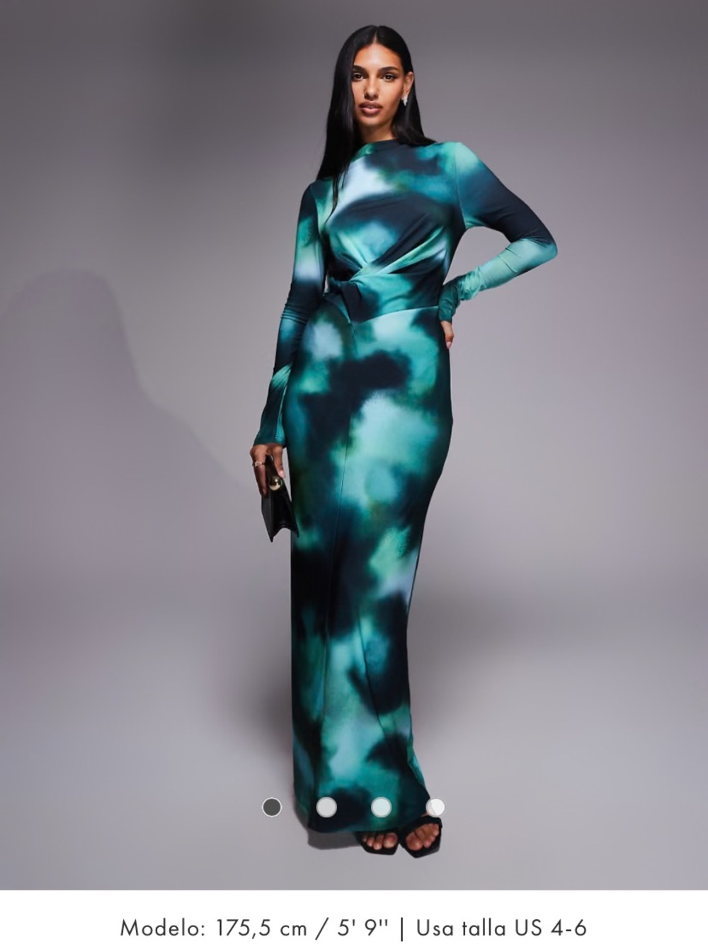 Long-Sleeve Teal & Black Twist-Waist Maxi Dress